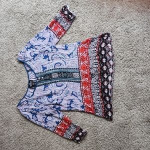 Angie Boho Peasant Top | M | Red Blue Paisley